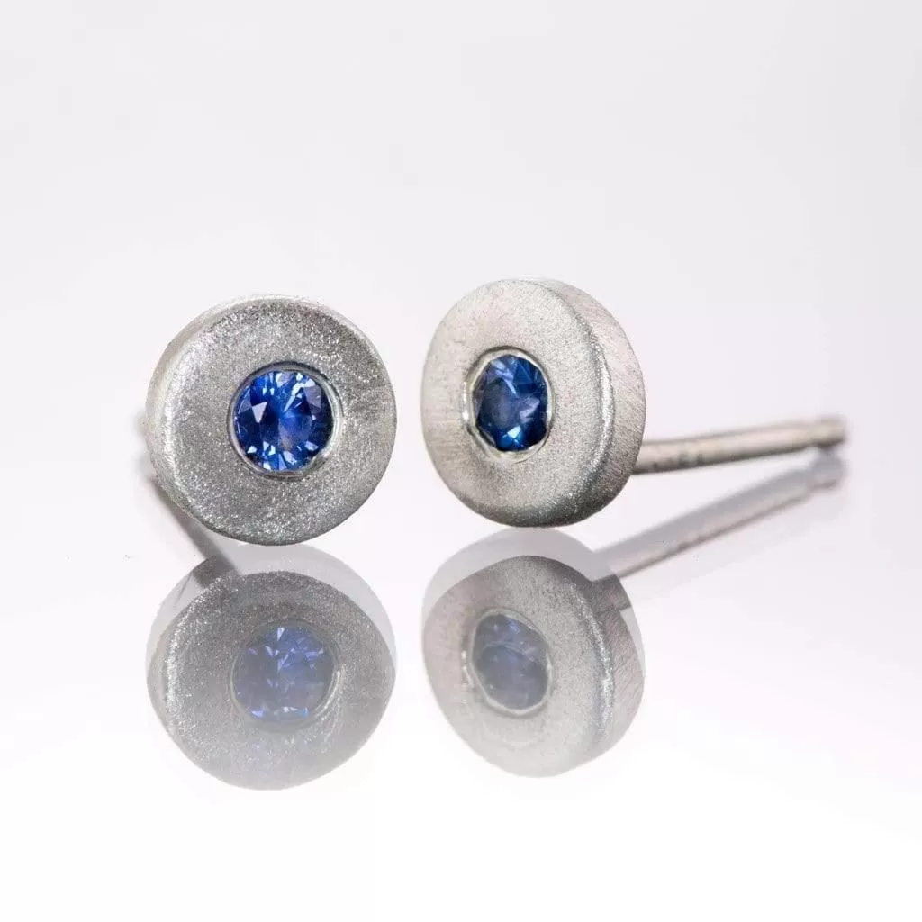 AUSTRALIAN KINGS PLAIN BLUE SAPPHIRE Tiny Sterling Silver Disk Stud Earrings