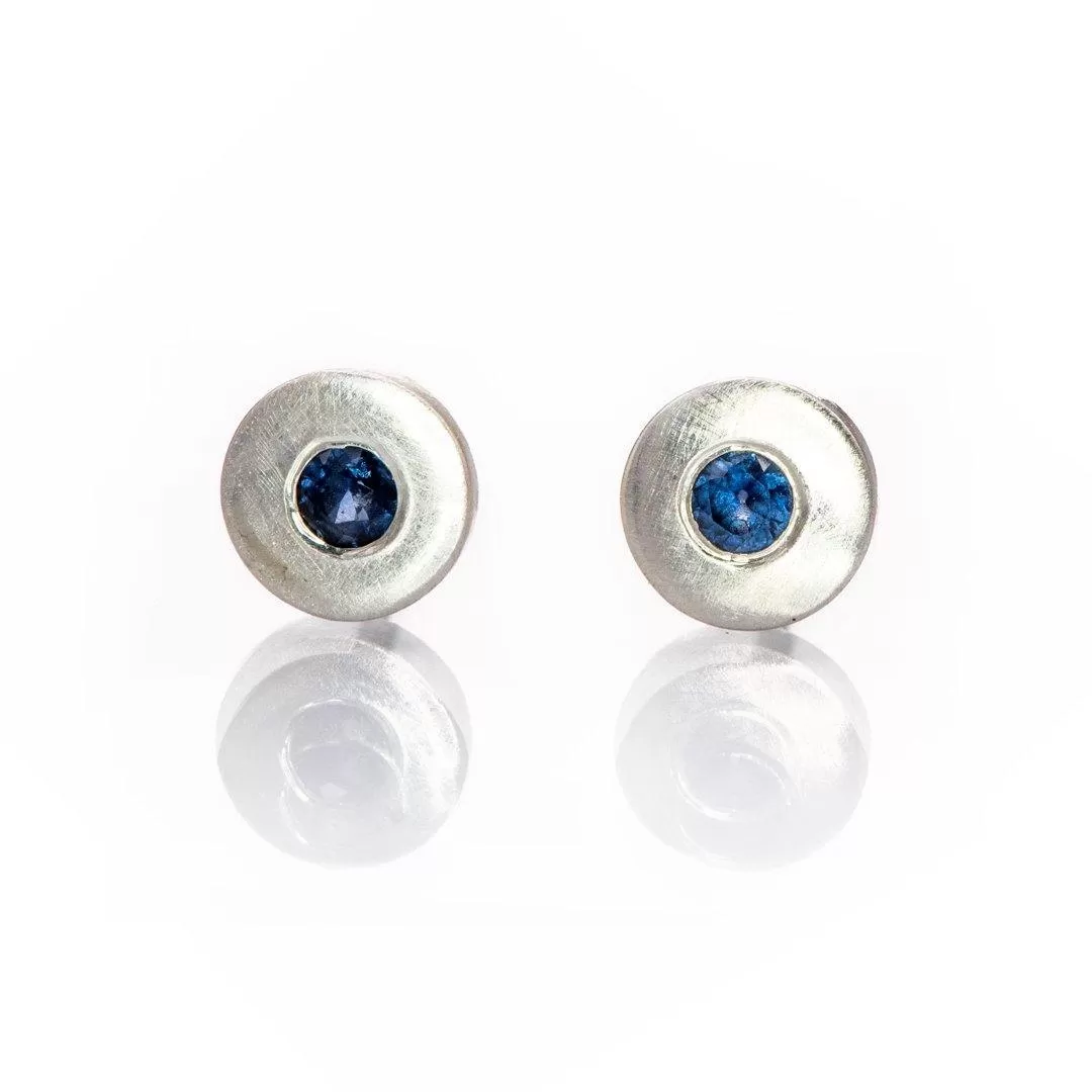 AUSTRALIAN KINGS PLAIN BLUE SAPPHIRE Tiny Sterling Silver Disk Stud Earrings