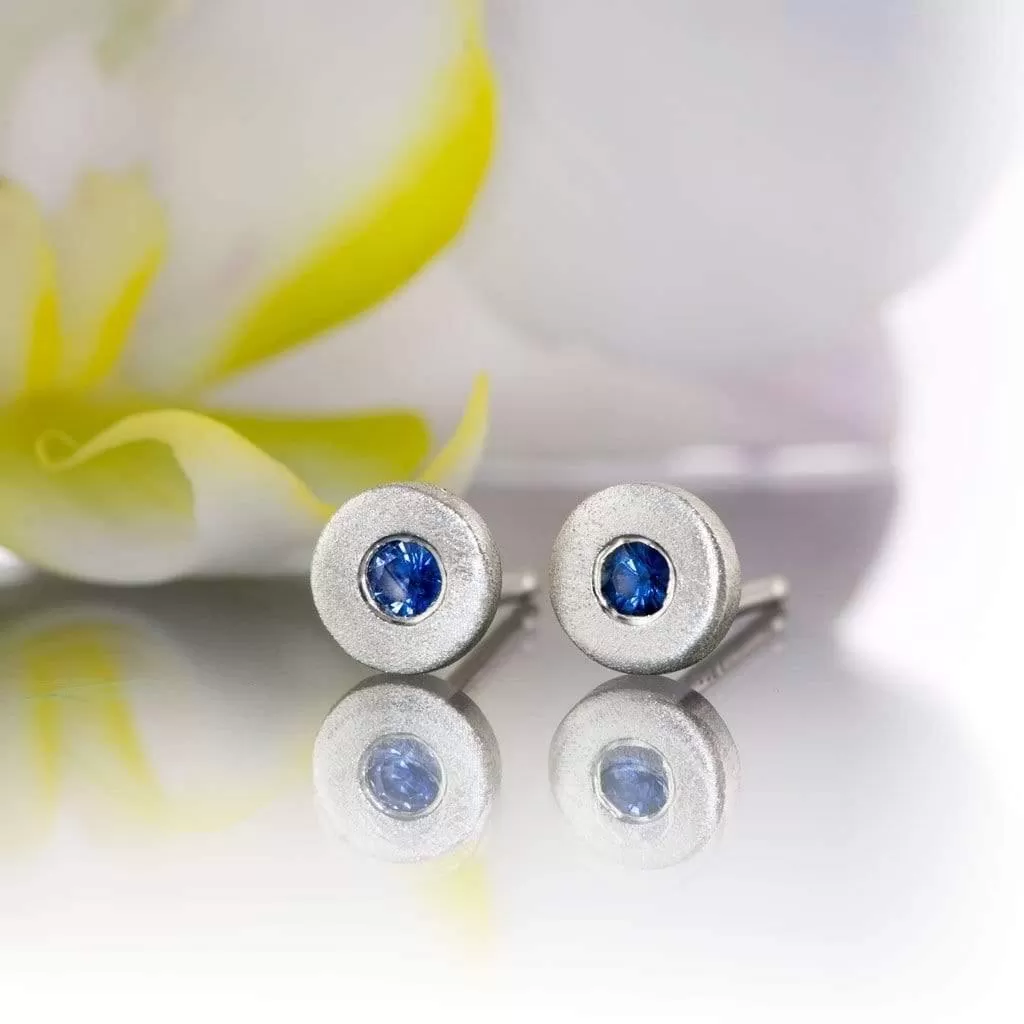 AUSTRALIAN KINGS PLAIN BLUE SAPPHIRE Tiny Sterling Silver Disk Stud Earrings