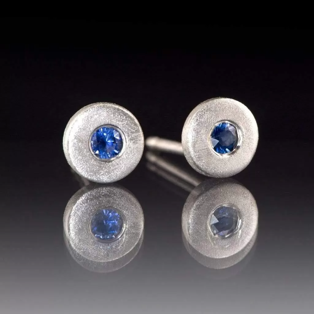 AUSTRALIAN KINGS PLAIN BLUE SAPPHIRE Tiny Sterling Silver Disk Stud Earrings