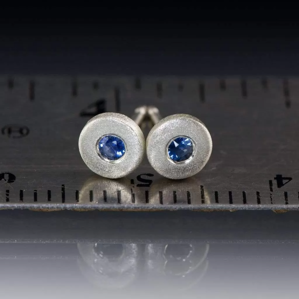 AUSTRALIAN KINGS PLAIN BLUE SAPPHIRE Tiny Sterling Silver Disk Stud Earrings