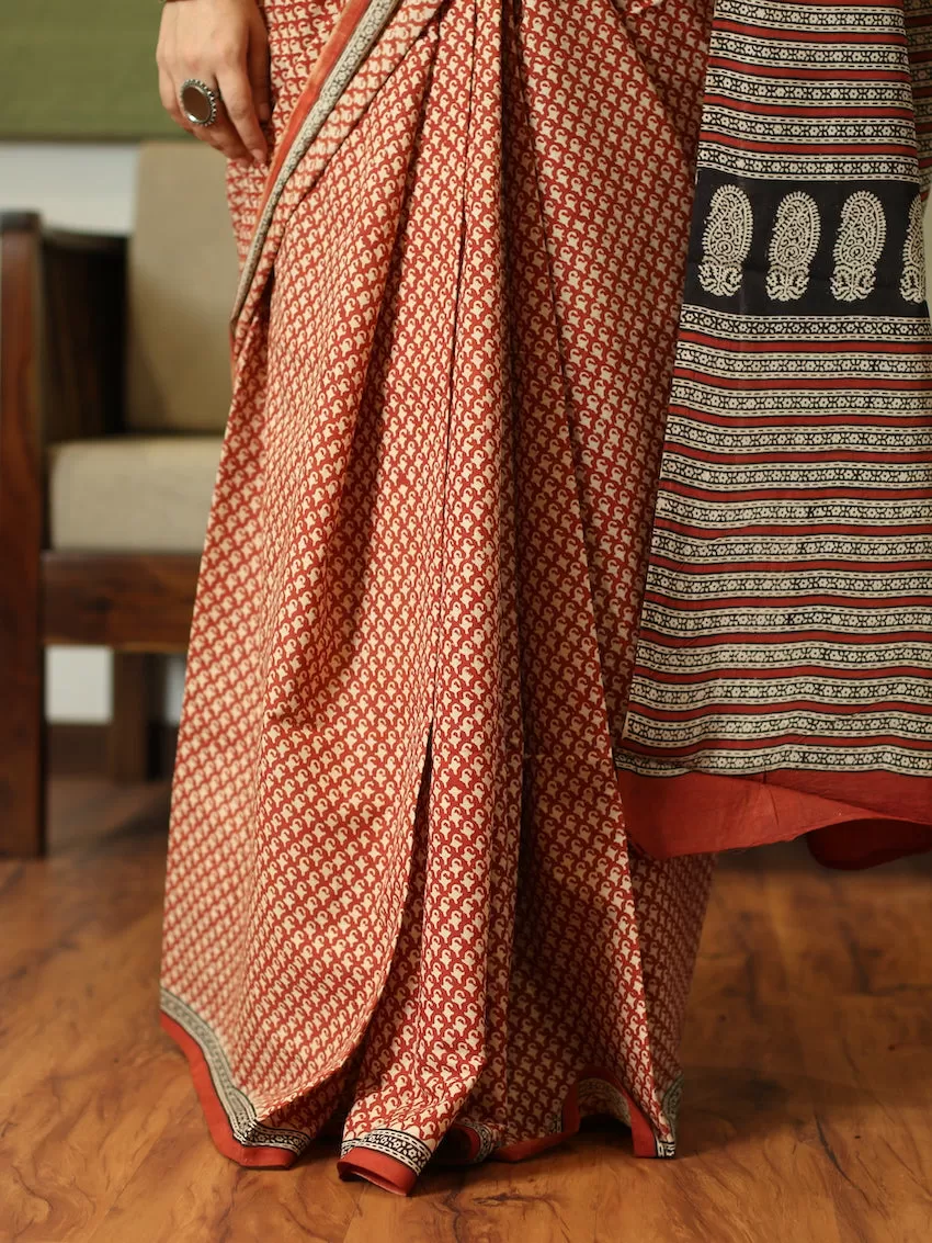 Bagru Cotton Hand Block Printed dark orange Saree