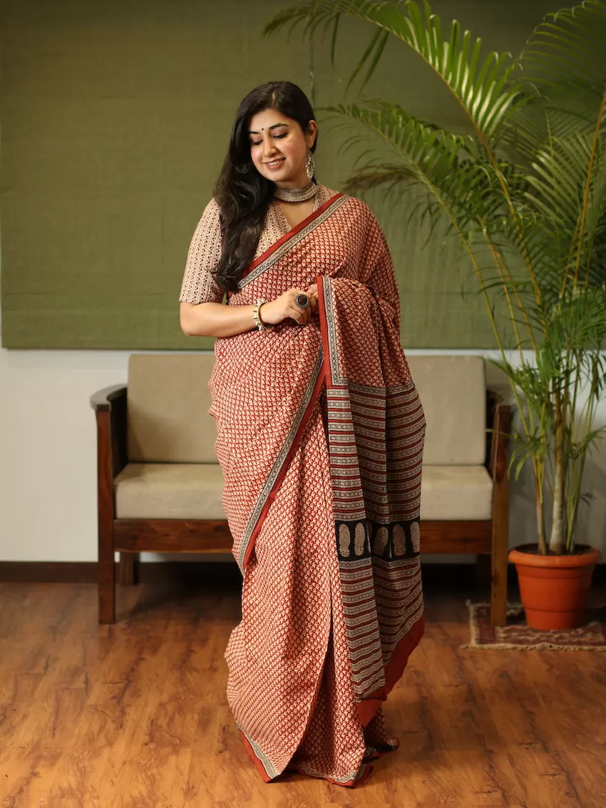 Bagru Cotton Hand Block Printed dark orange Saree