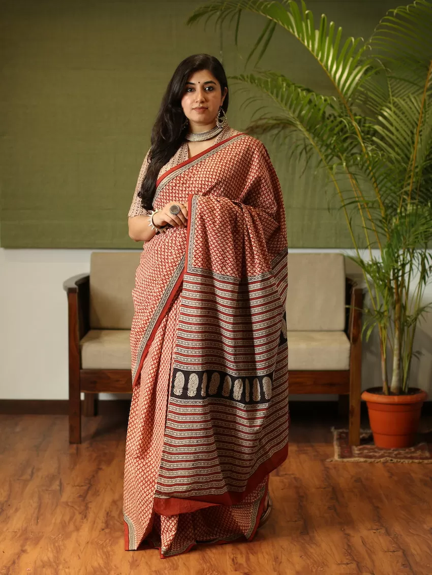 Bagru Cotton Hand Block Printed dark orange Saree