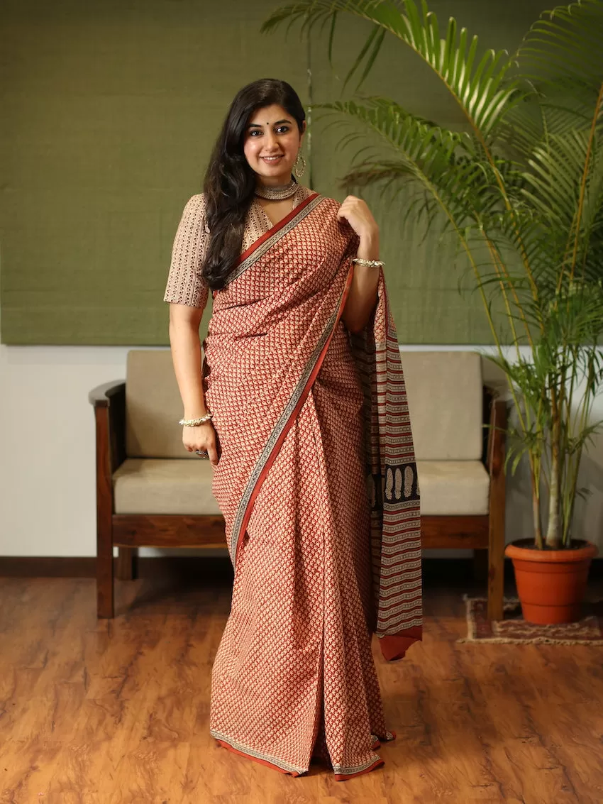 Bagru Cotton Hand Block Printed dark orange Saree