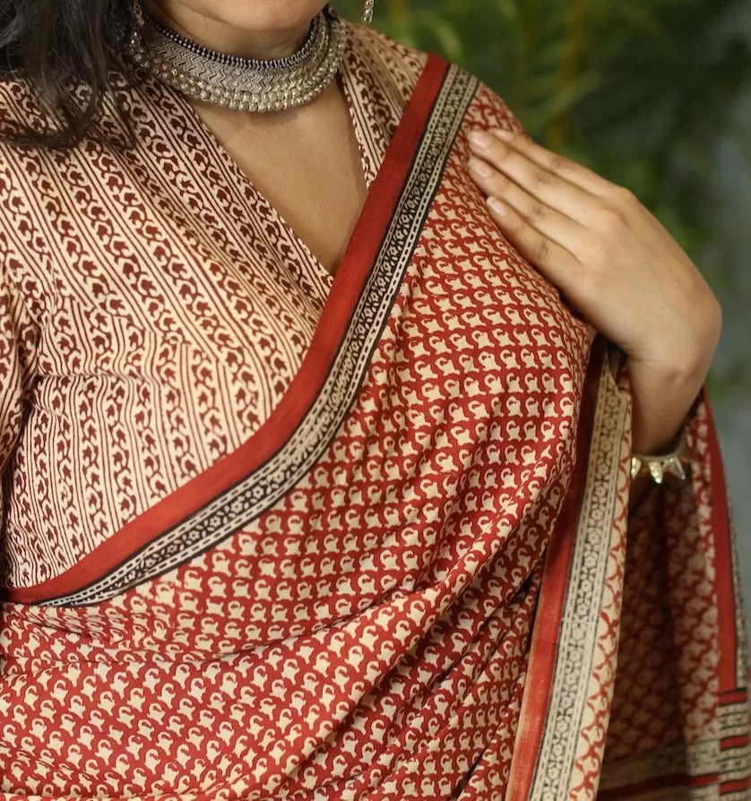 Bagru Cotton Hand Block Printed dark orange Saree