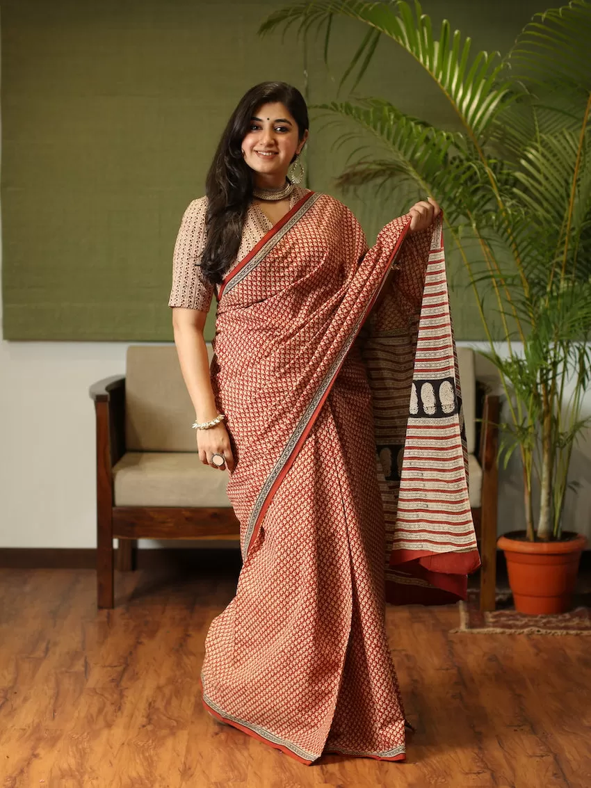 Bagru Cotton Hand Block Printed dark orange Saree