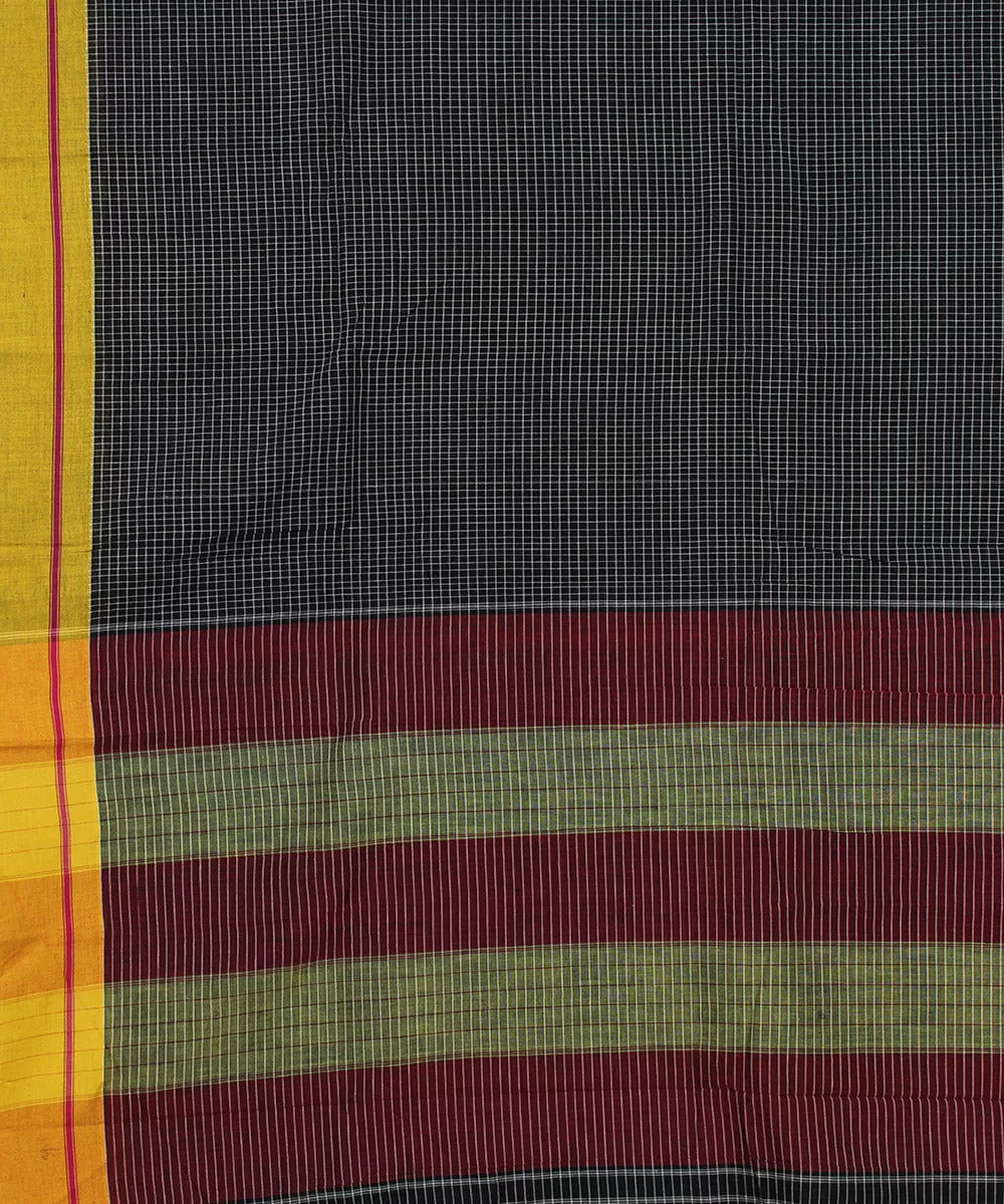 Black check pink yellow border handwoven patteda anchu cotton saree