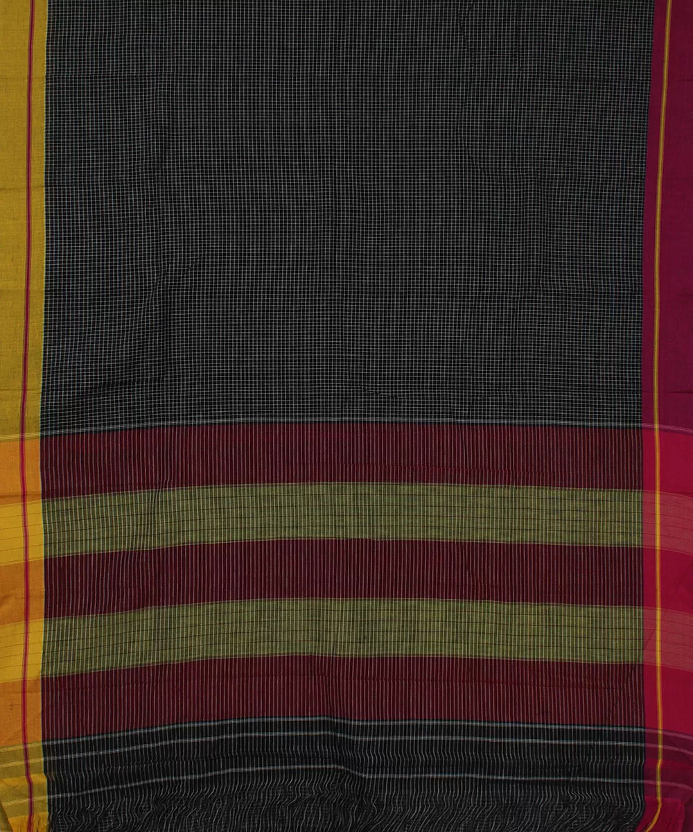 Black check pink yellow border handwoven patteda anchu cotton saree