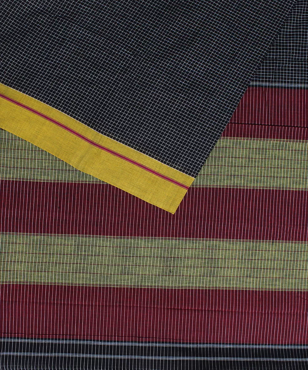 Black check pink yellow border handwoven patteda anchu cotton saree