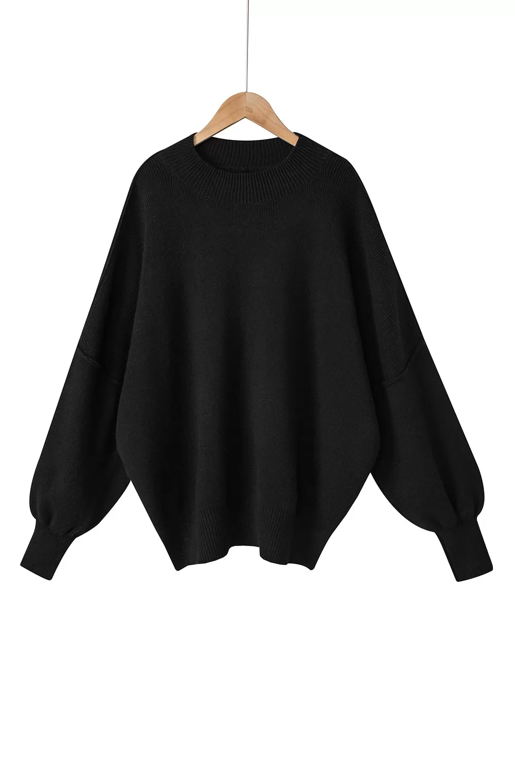 Black Oversized Drop Shoulder Bubble Sleeve Pullover Sweater