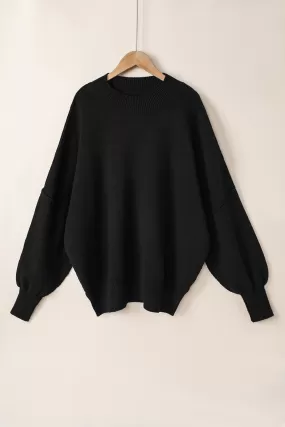 Black Oversized Drop Shoulder Bubble Sleeve Pullover Sweater