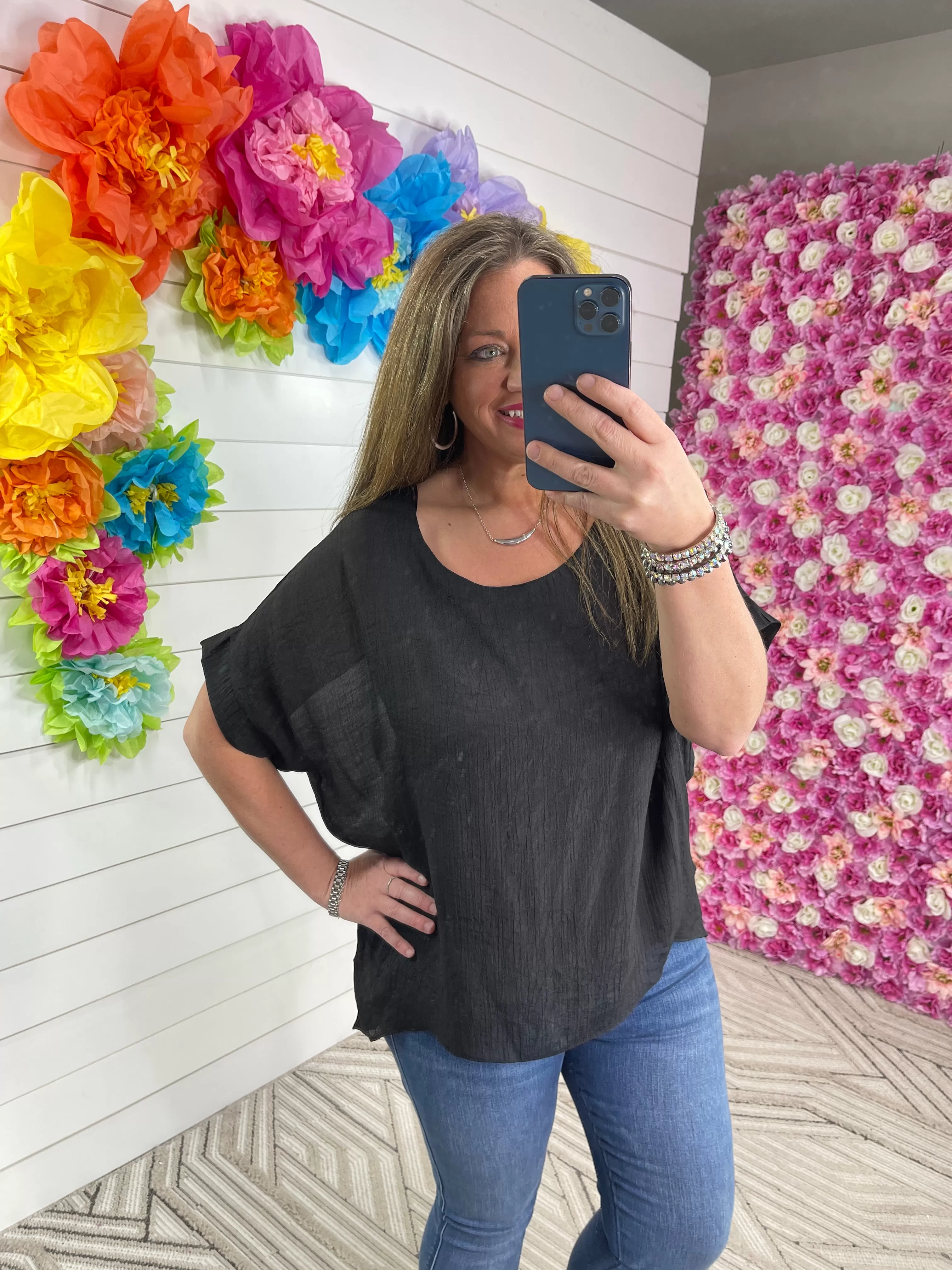 BLACK SHEER DOLMAN SLEEVE BLOUSE