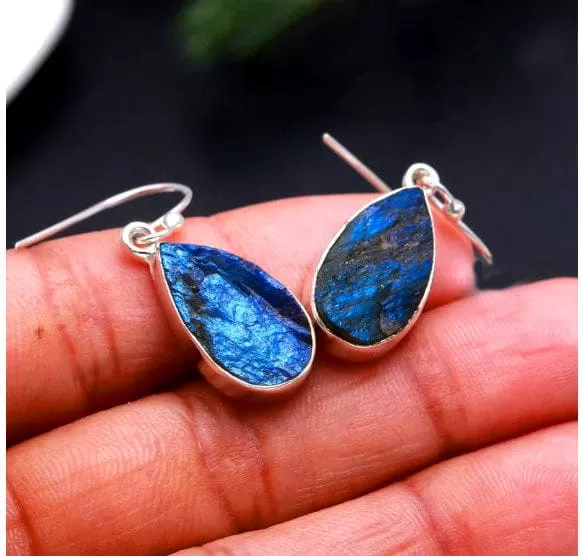 Blue Fire Labradorite 925 Sterling Silver Handmade Earrings For Women