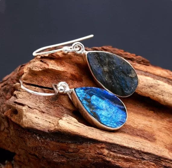 Blue Fire Labradorite 925 Sterling Silver Handmade Earrings For Women