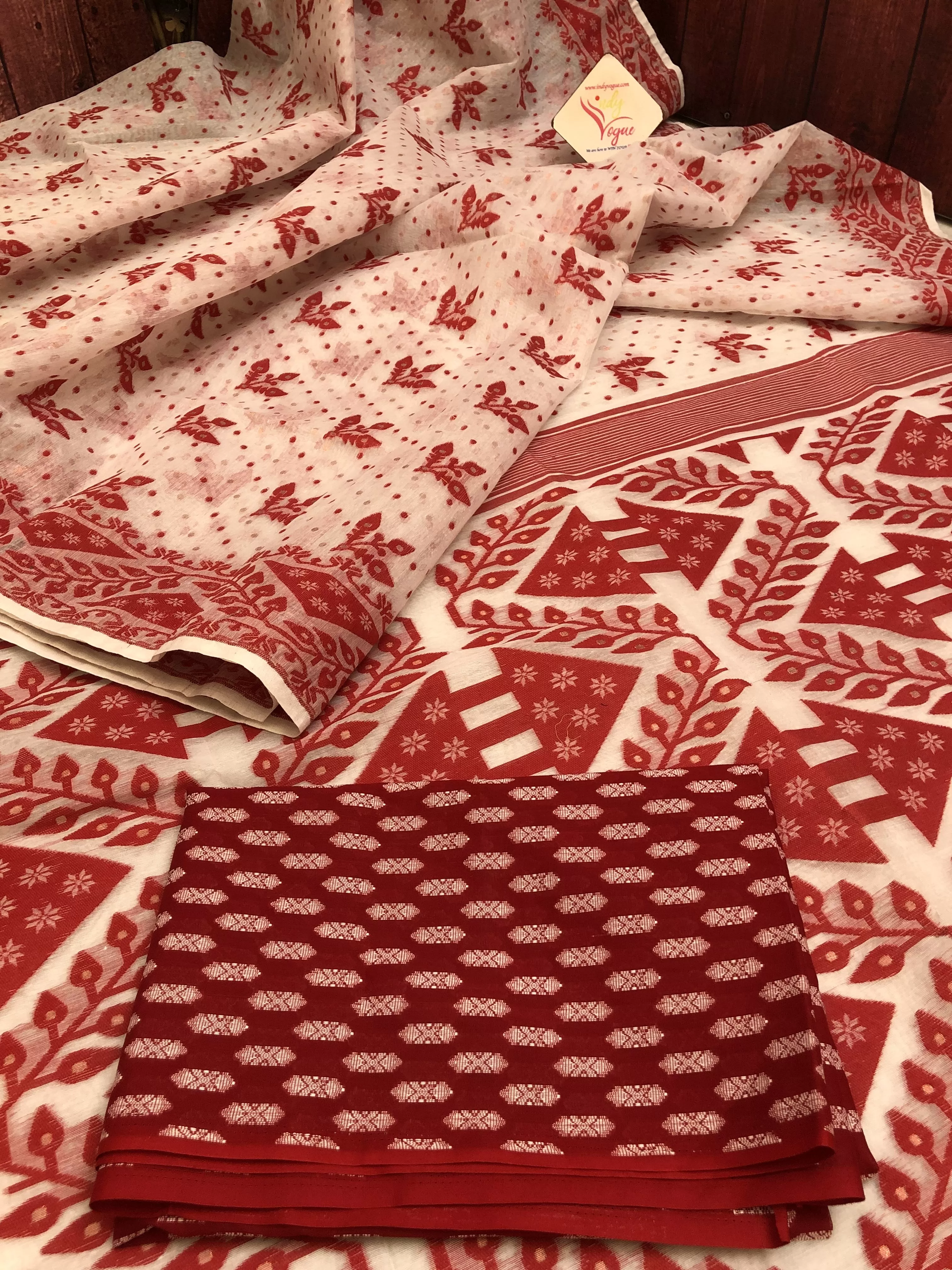 Bone White & Red Color Jamdani Saree