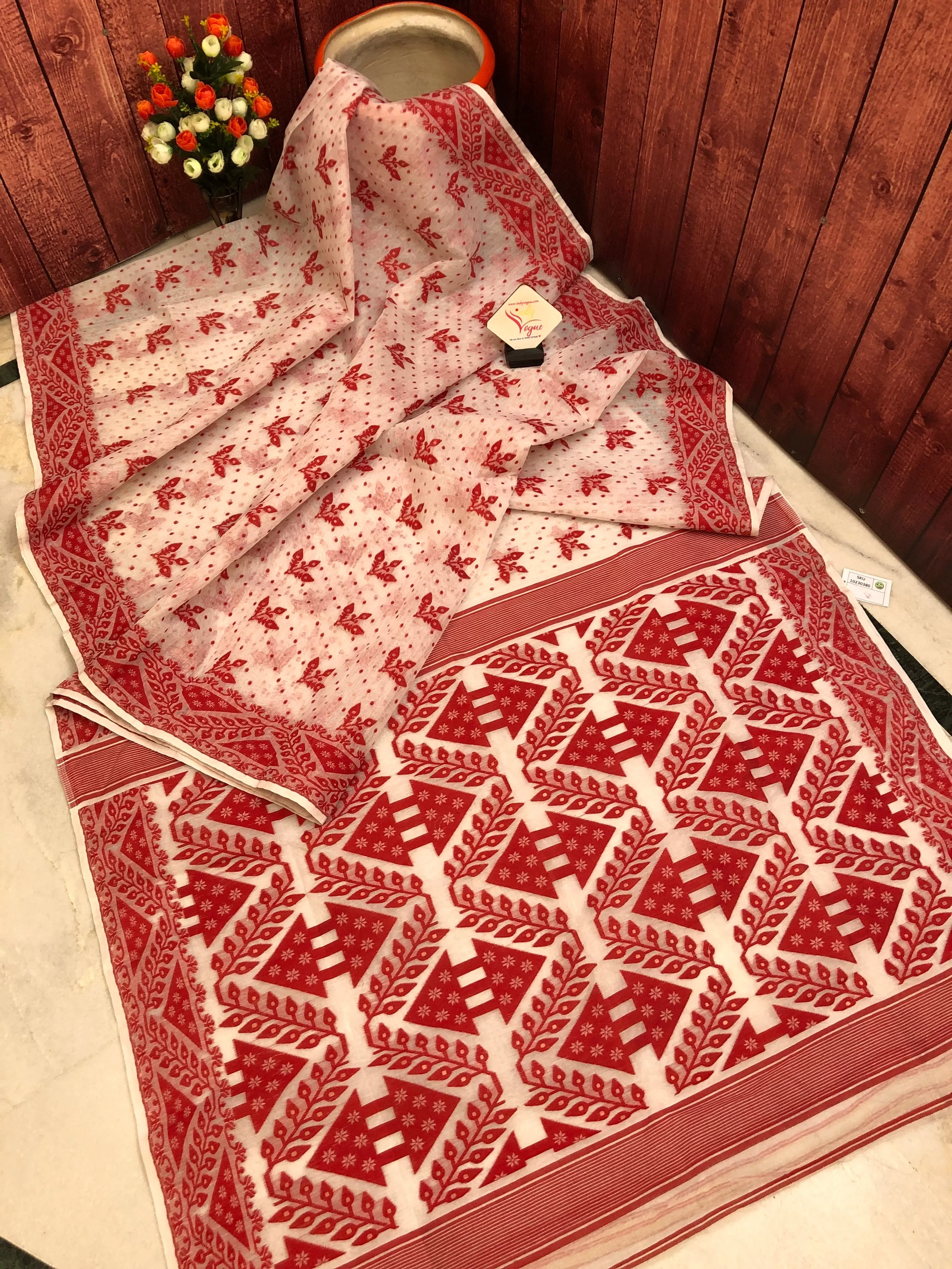 Bone White & Red Color Jamdani Saree