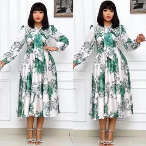 Bowtie Collar Long Sleeves Printed Dress