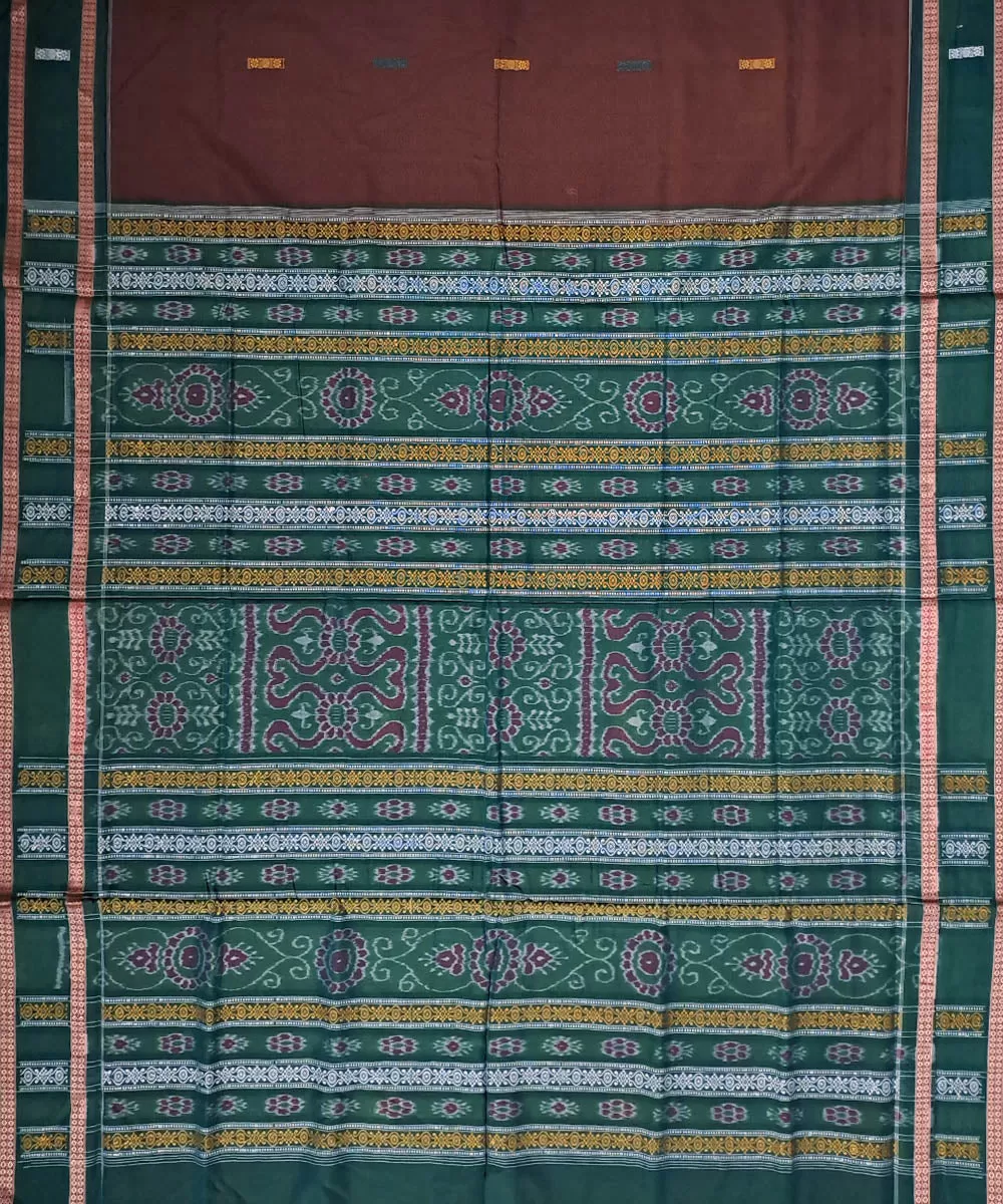 Brown deep green cotton handloom bomkai saree