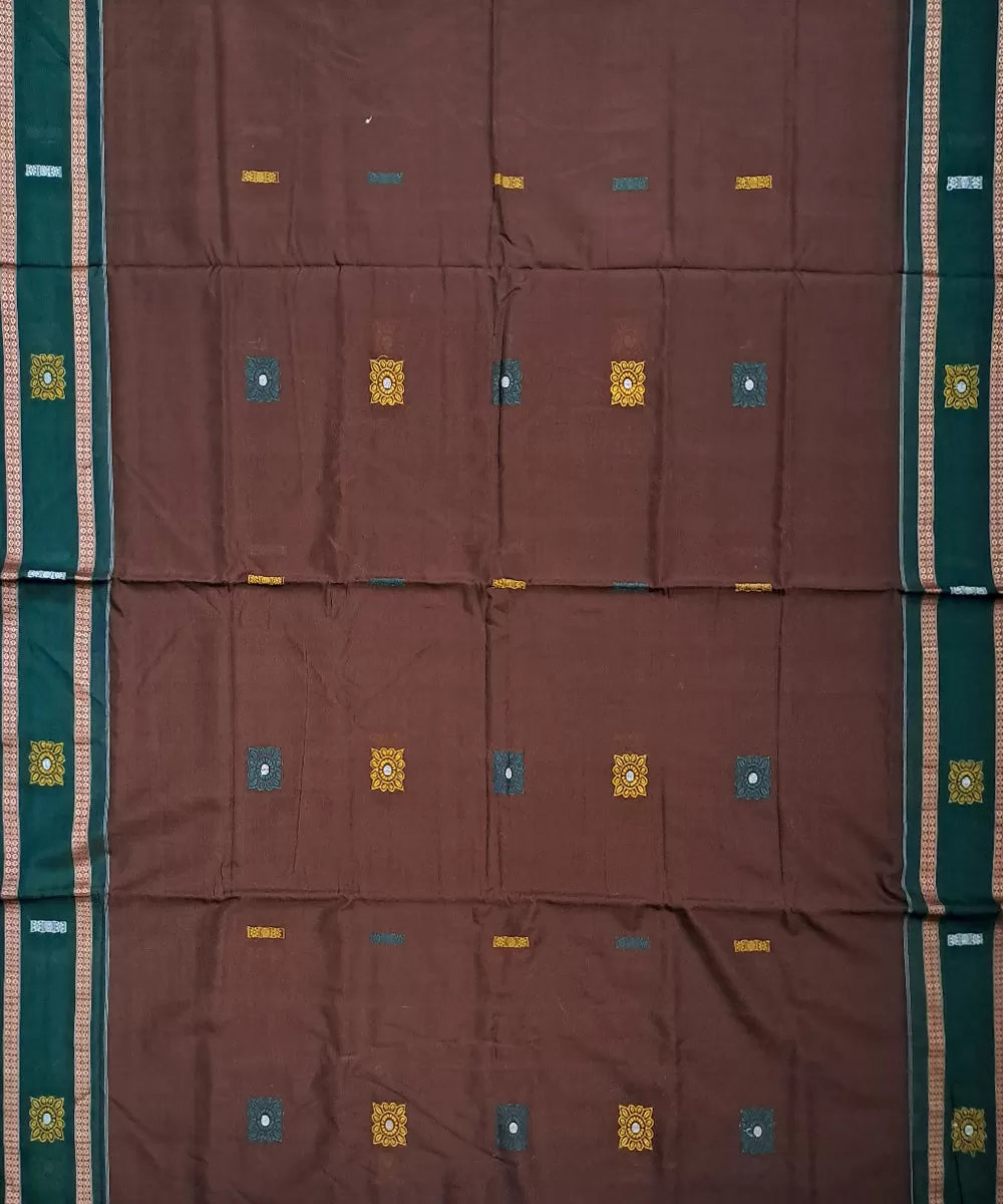 Brown deep green cotton handloom bomkai saree