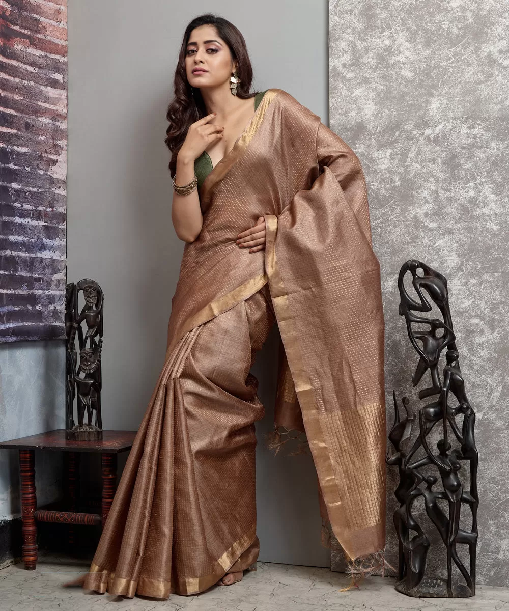 Brown golden handwoven chhatisgarh tussar silk saree