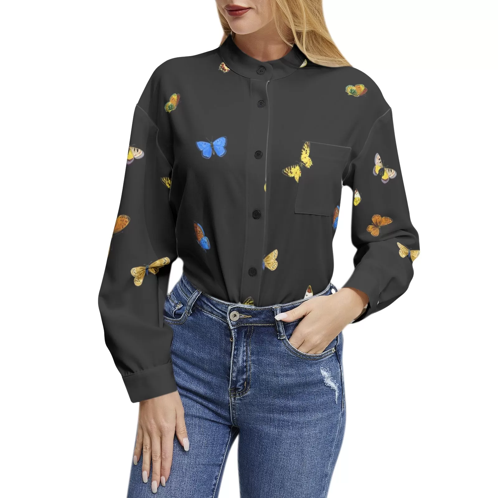 Butterfly Long Sleeve Button Up Casual Shirt Top