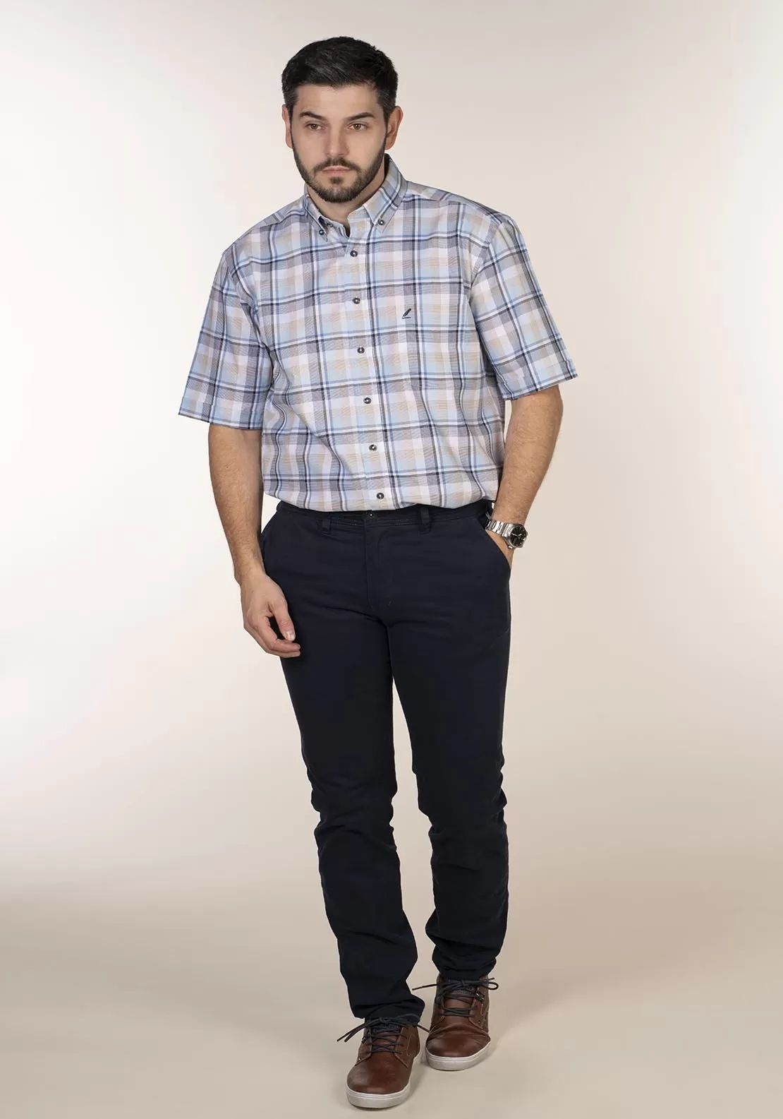 Casual Check Short Sleeve Shirt - Blue