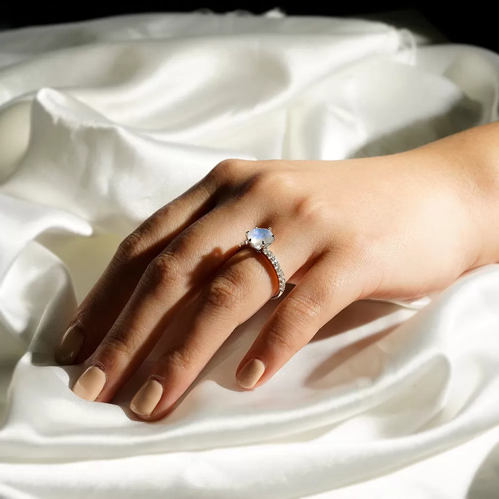 Classic Round Moonstone Ring With White Sapphire Side Stones