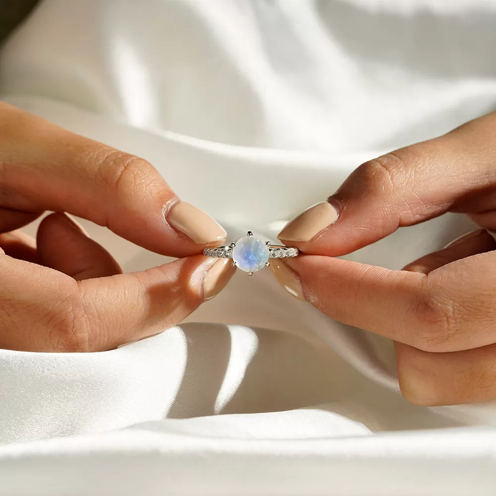 Classic Round Moonstone Ring With White Sapphire Side Stones