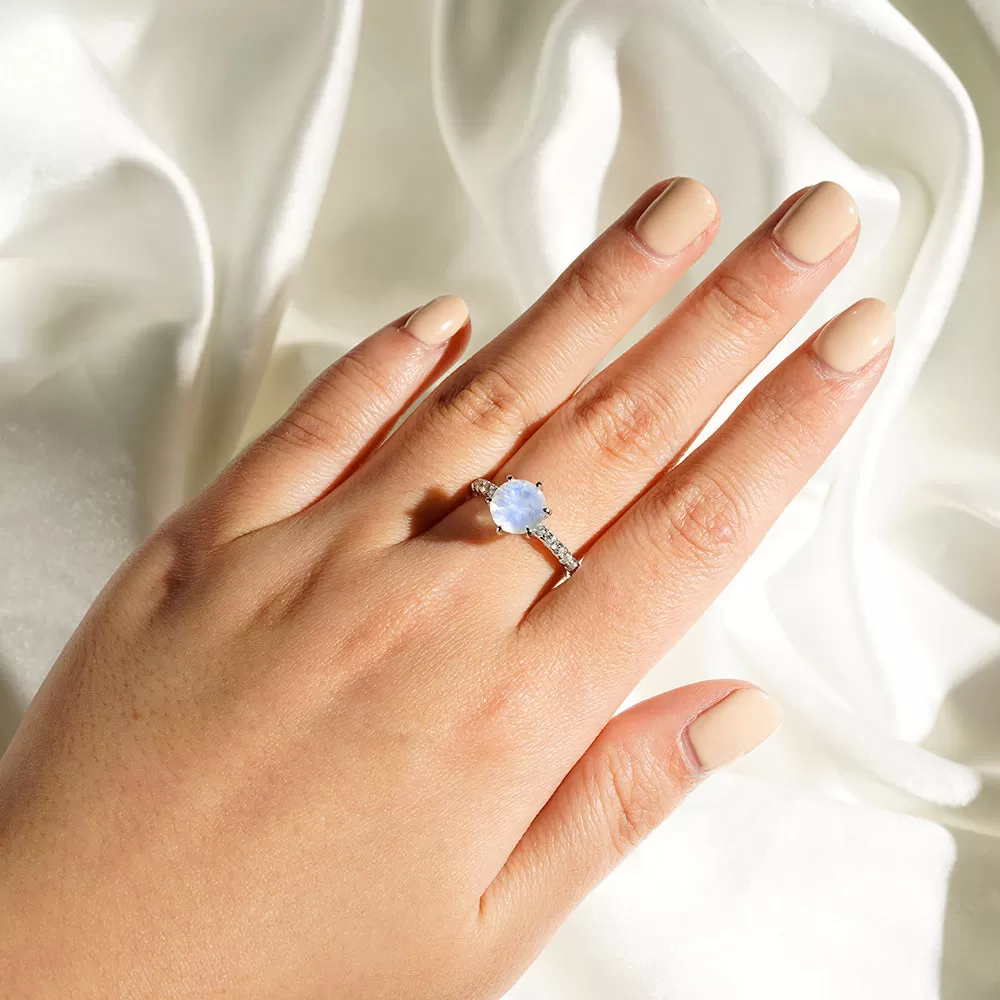 Classic Round Moonstone Ring With White Sapphire Side Stones