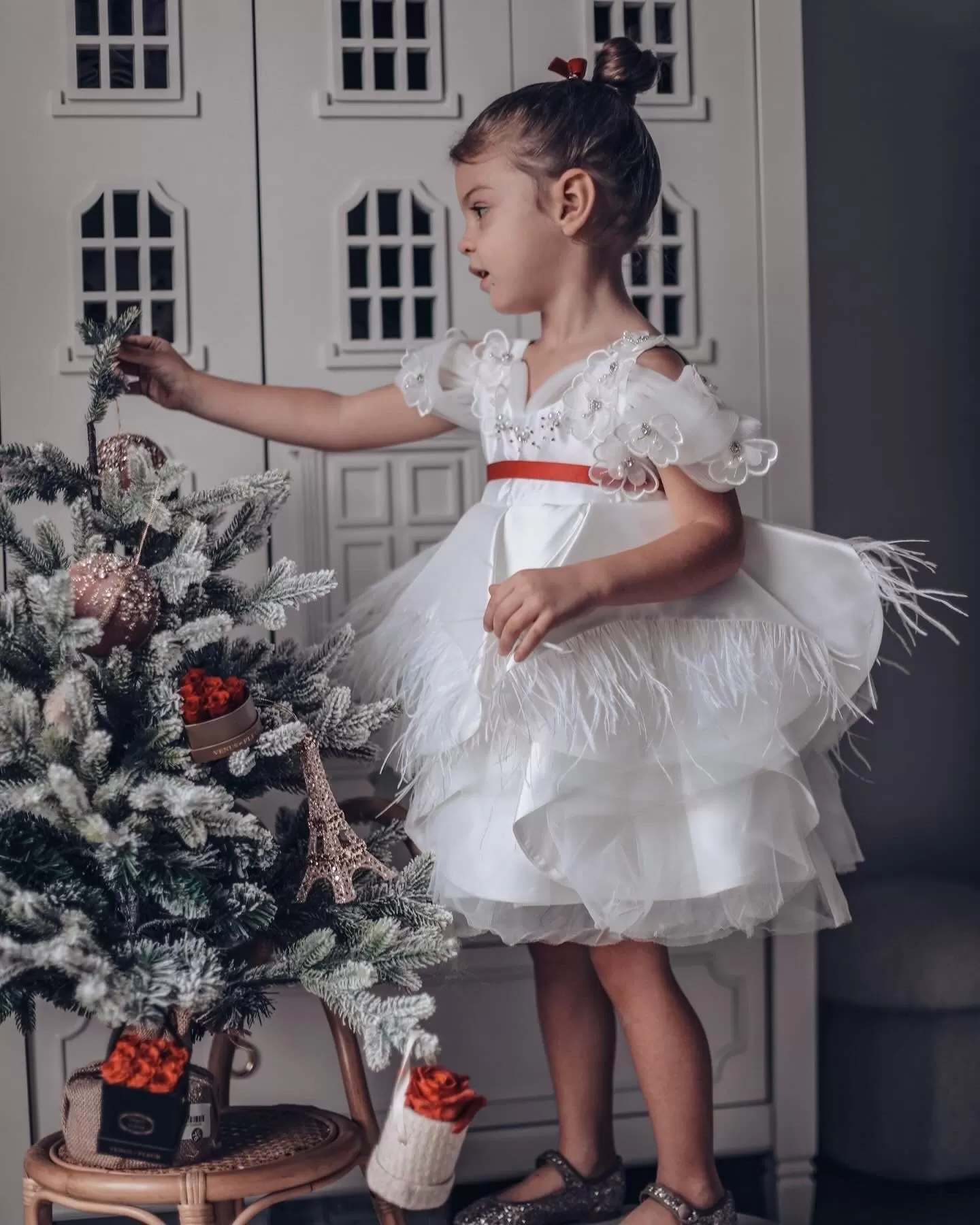 Constanza White Ceremony  Dress with Red Bow