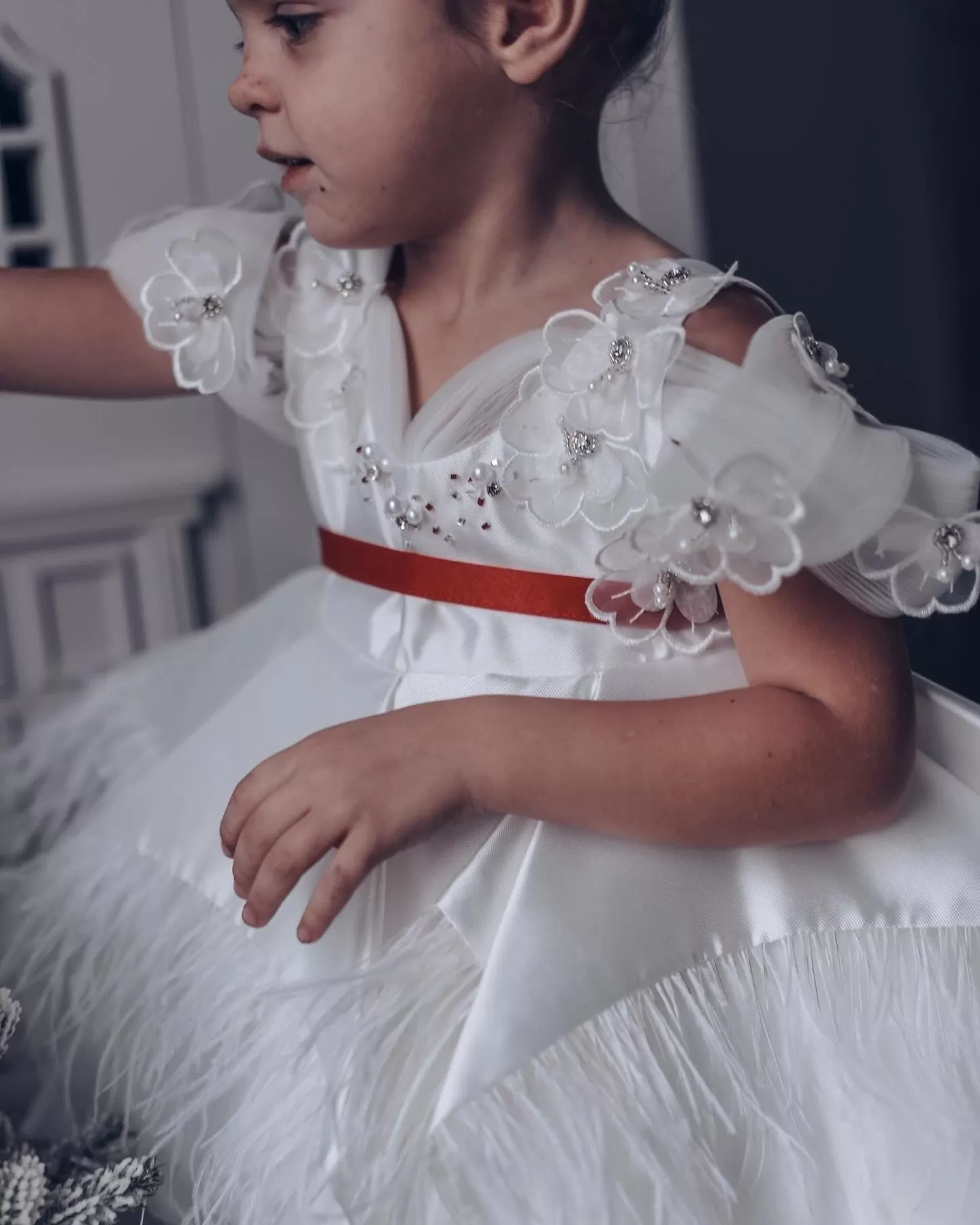 Constanza White Ceremony  Dress with Red Bow