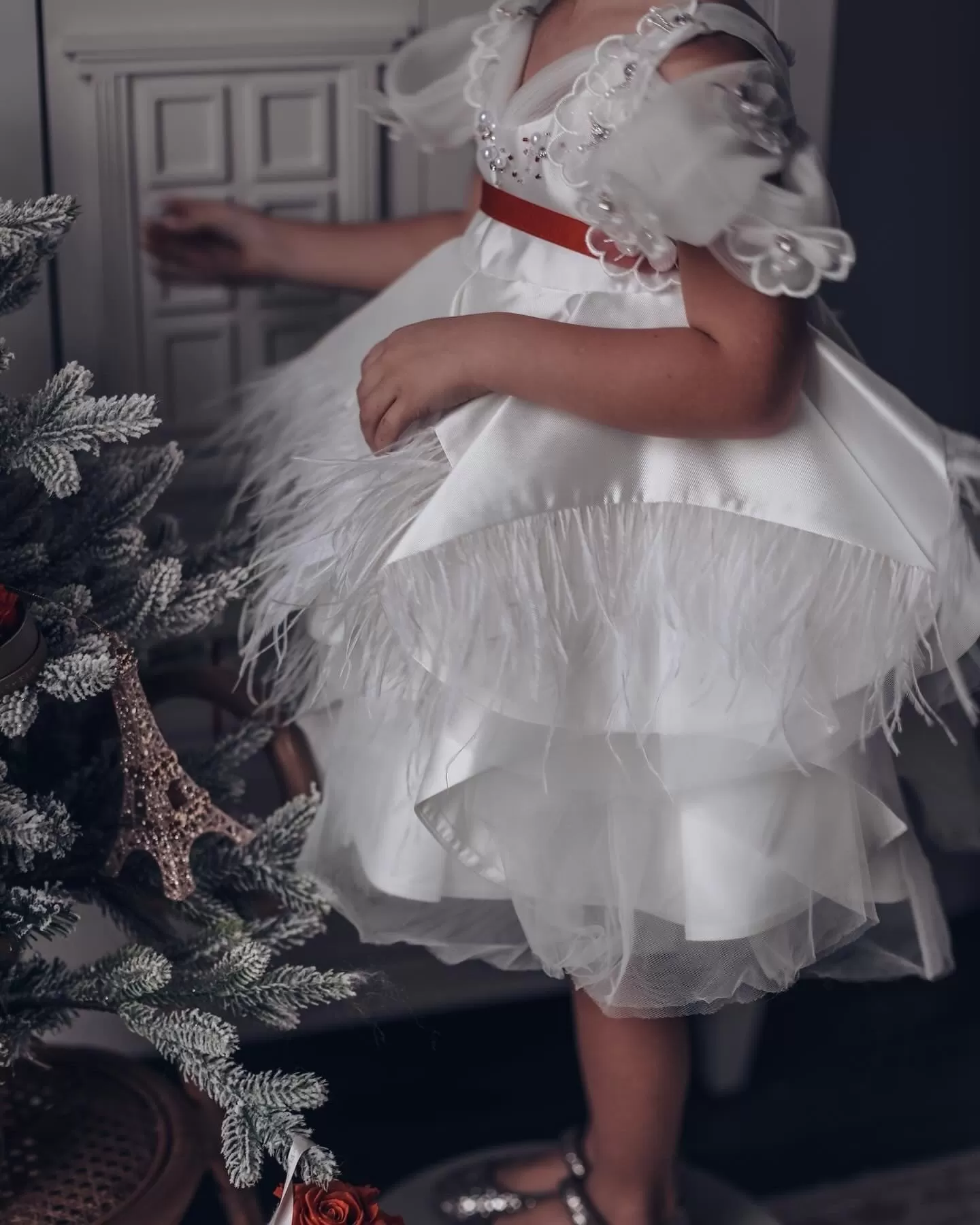 Constanza White Ceremony  Dress with Red Bow