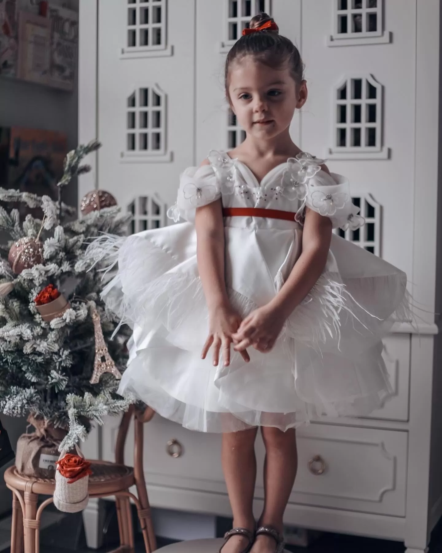 Constanza White Ceremony  Dress with Red Bow