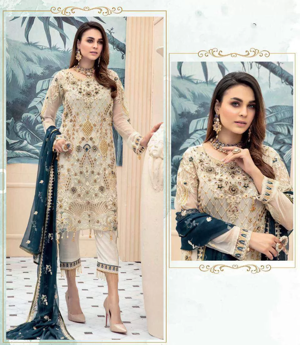 Cream Color Georgette Fabric Heavy Embroidered Traditional Look Party Wear Designer Dress Material