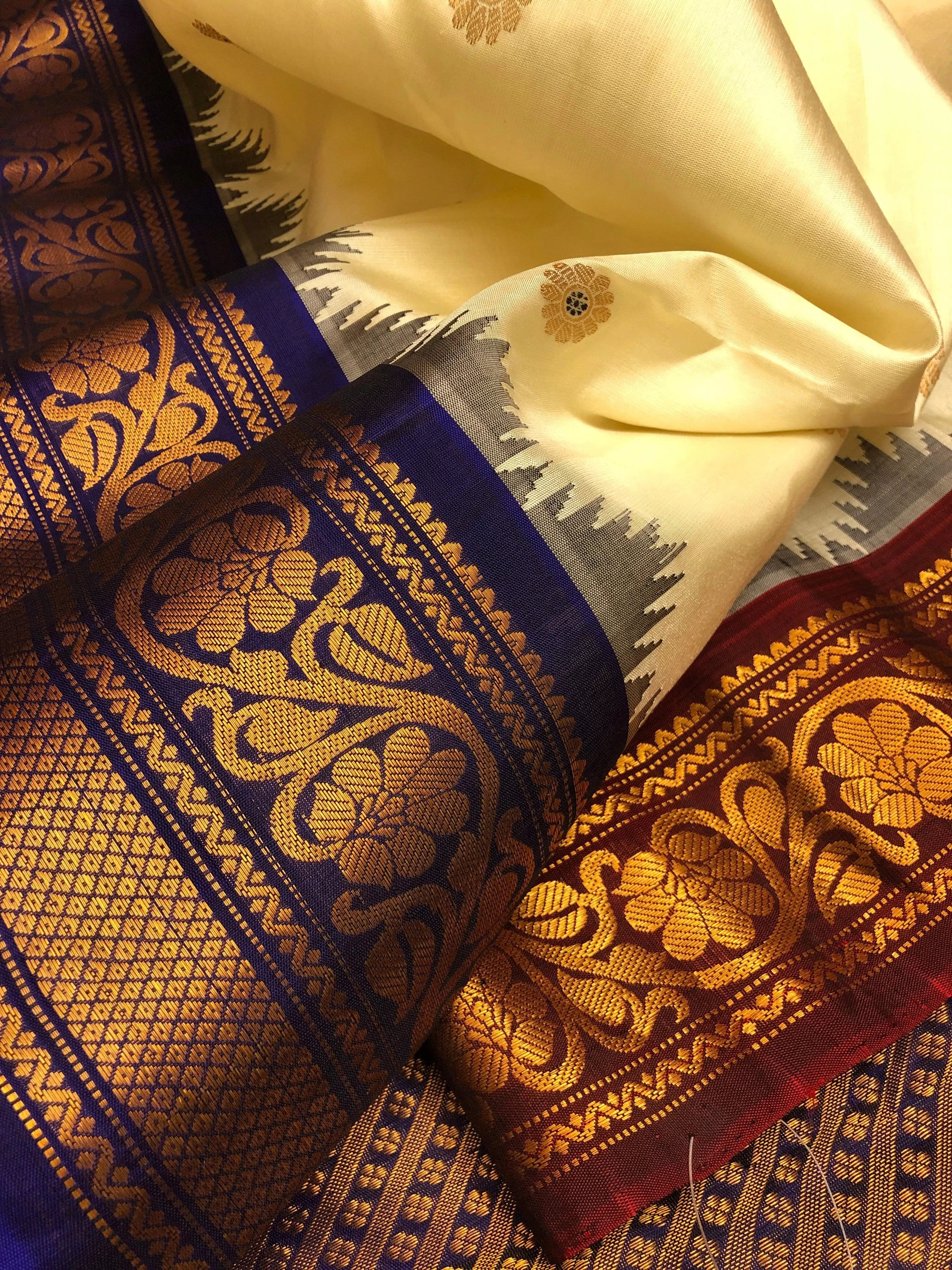 Cream Color Pure Gadwal Silk with Ganga Jamuna Border