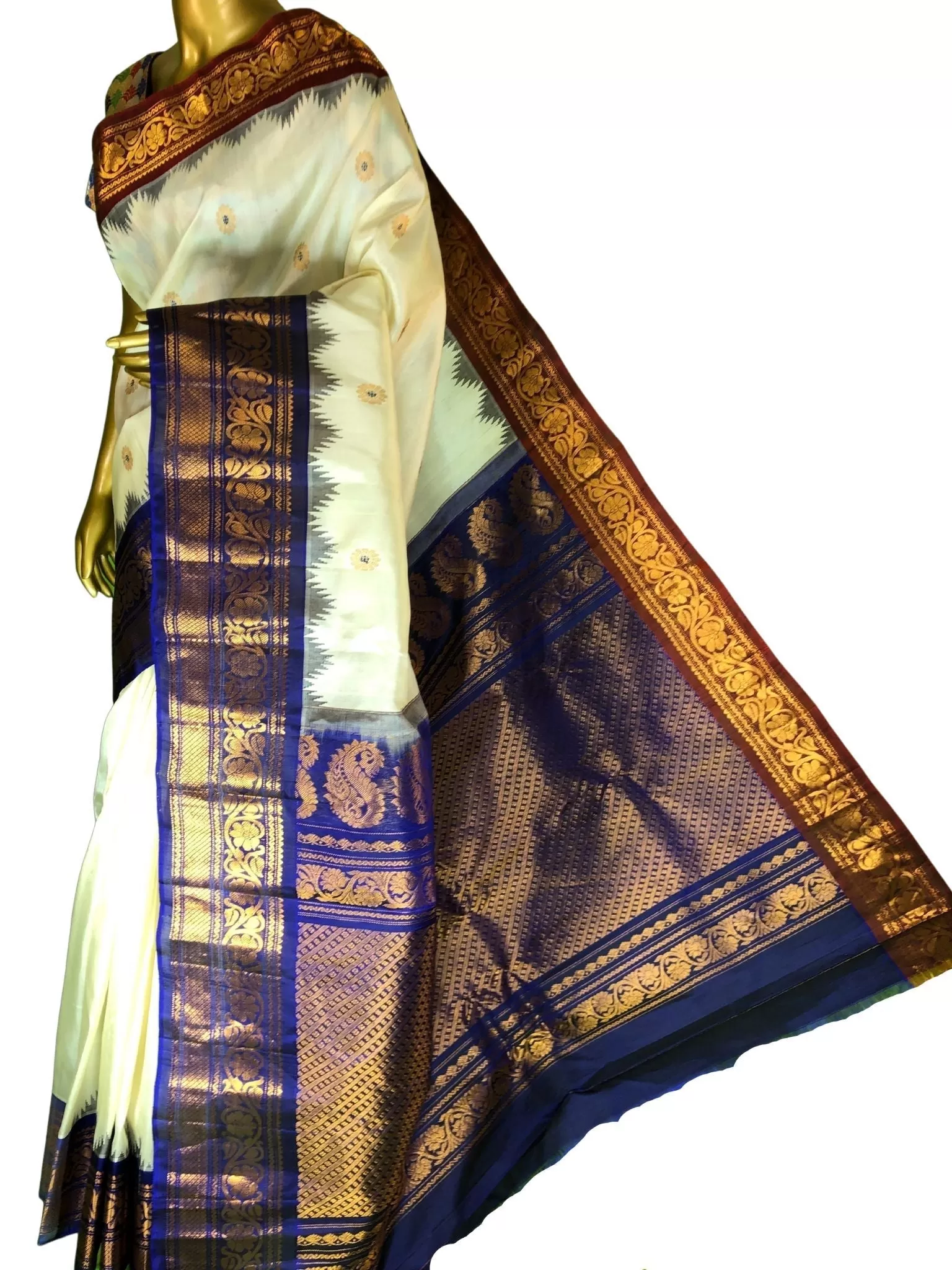 Cream Color Pure Gadwal Silk with Ganga Jamuna Border