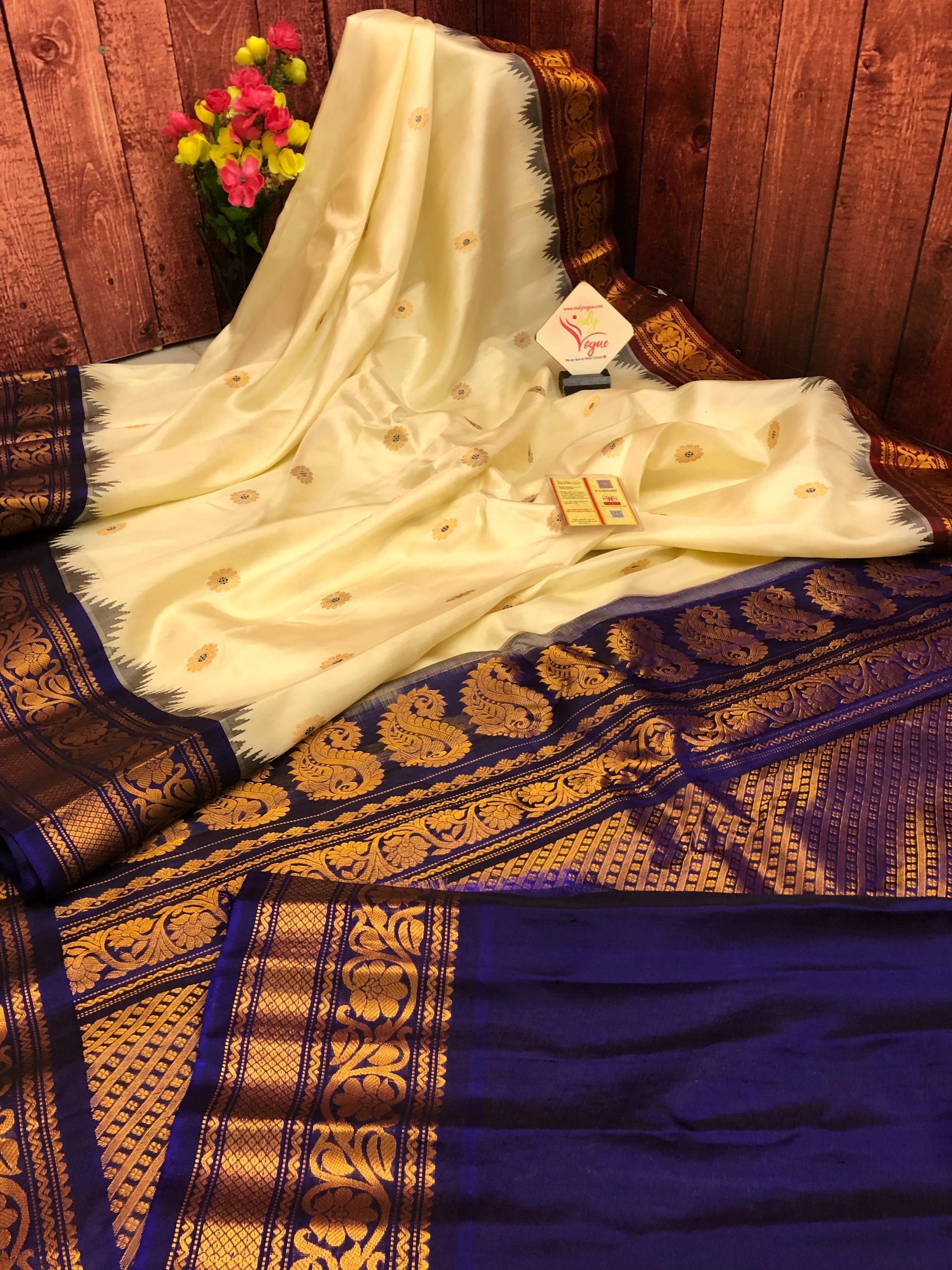 Cream Color Pure Gadwal Silk with Ganga Jamuna Border