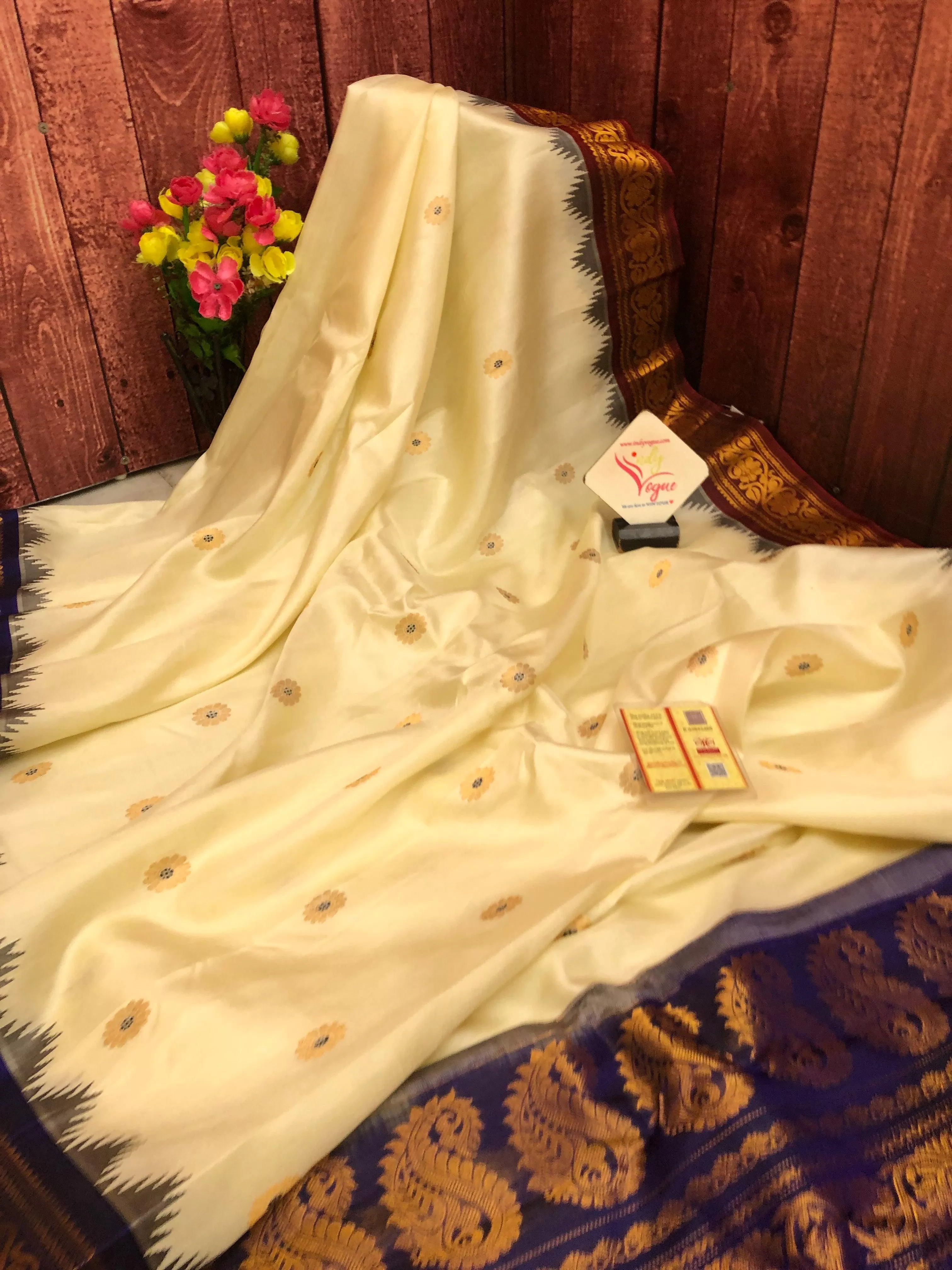 Cream Color Pure Gadwal Silk with Ganga Jamuna Border