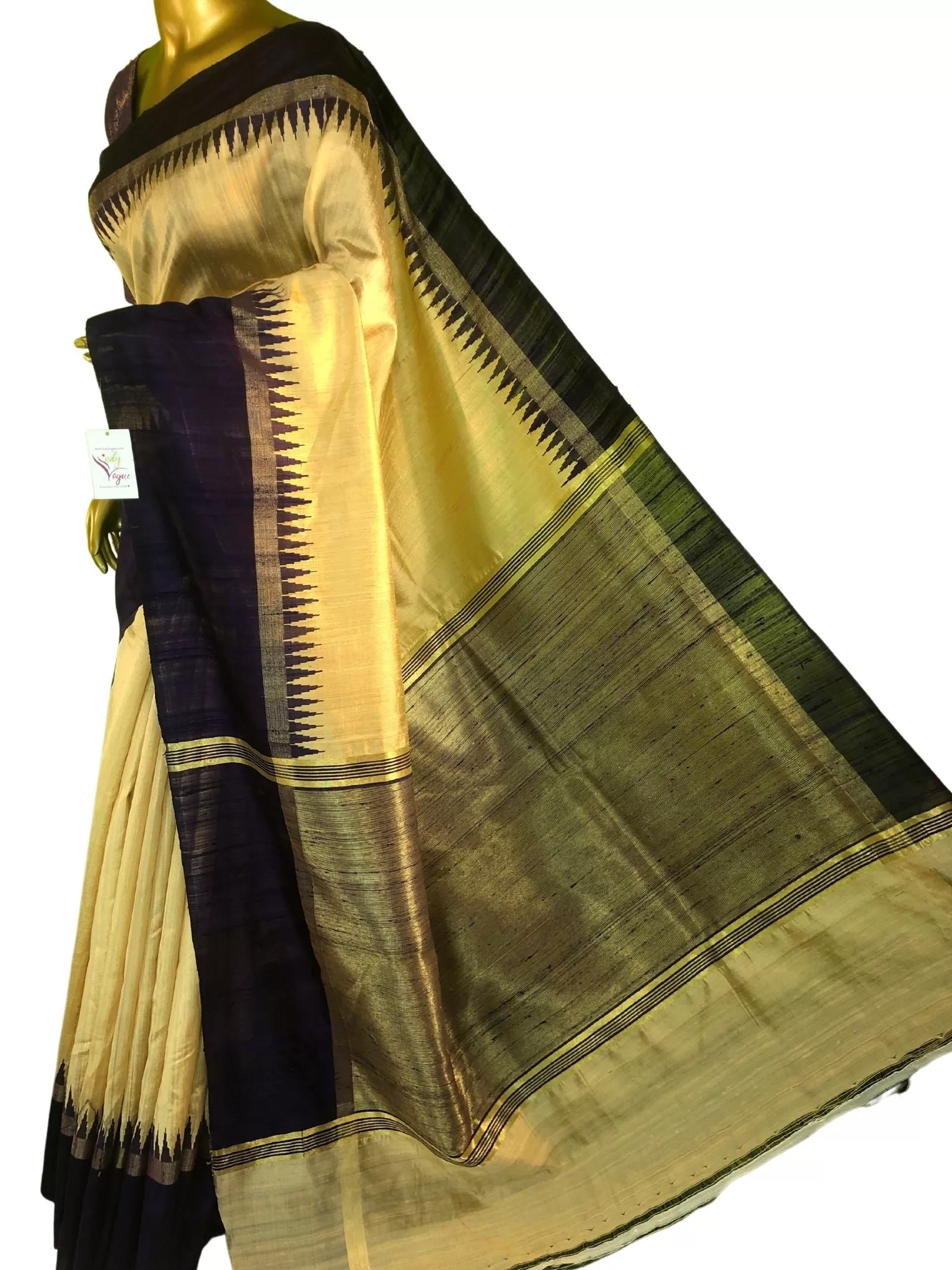 Cream Golden and Indigo Blue Color Raw Silk Saree