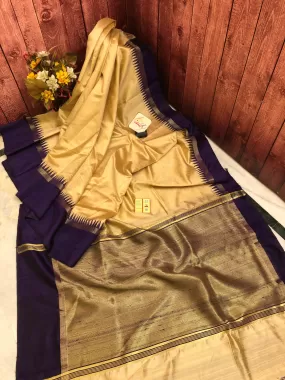 Cream Golden and Indigo Blue Color Raw Silk Saree