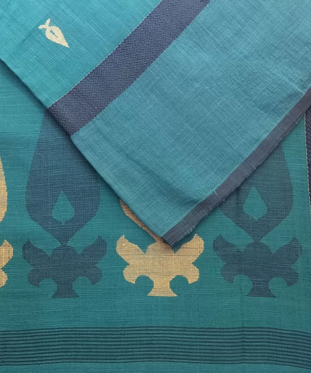 Cyan blue cotton handwoven jamdani saree