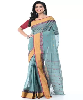 Cyan blue golden handwoven cotton tangail saree