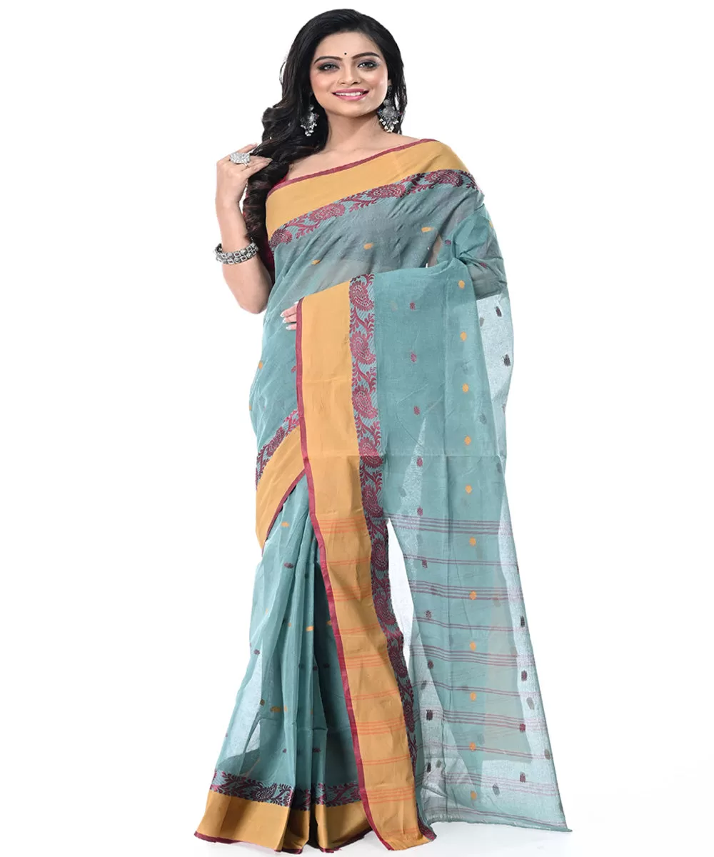 Cyan blue golden handwoven cotton tangail saree