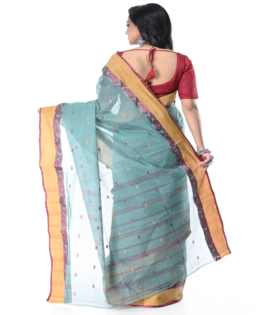 Cyan blue golden handwoven cotton tangail saree