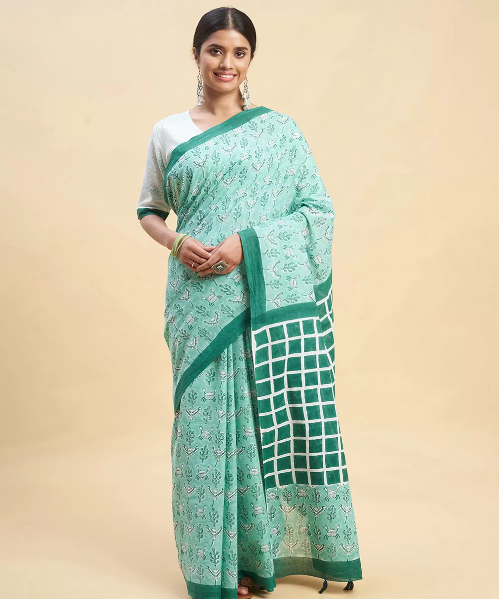 Cyan green dark green cotton hand block sanganeri printed saree