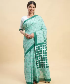 Cyan green dark green cotton hand block sanganeri printed saree