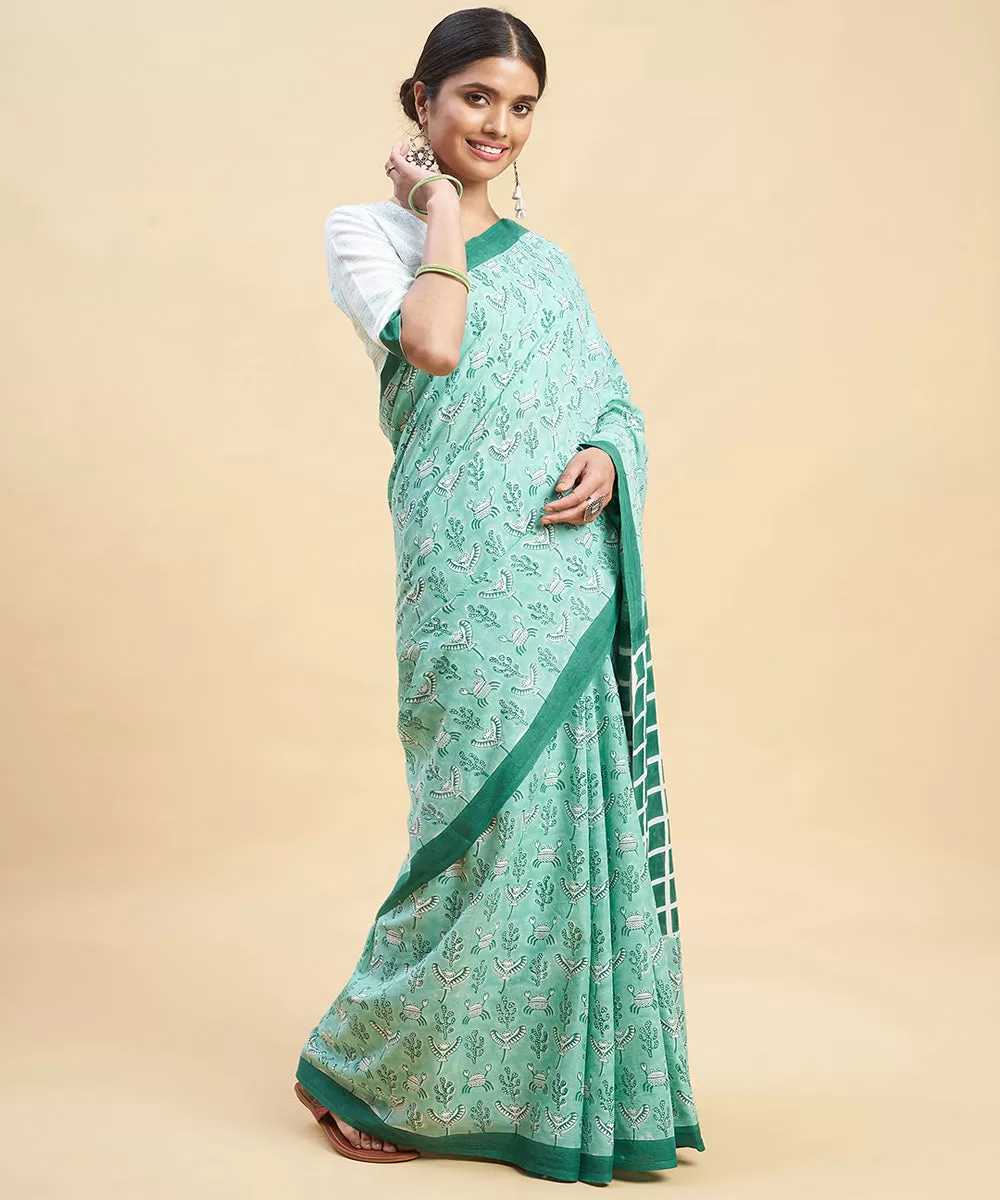 Cyan green dark green cotton hand block sanganeri printed saree