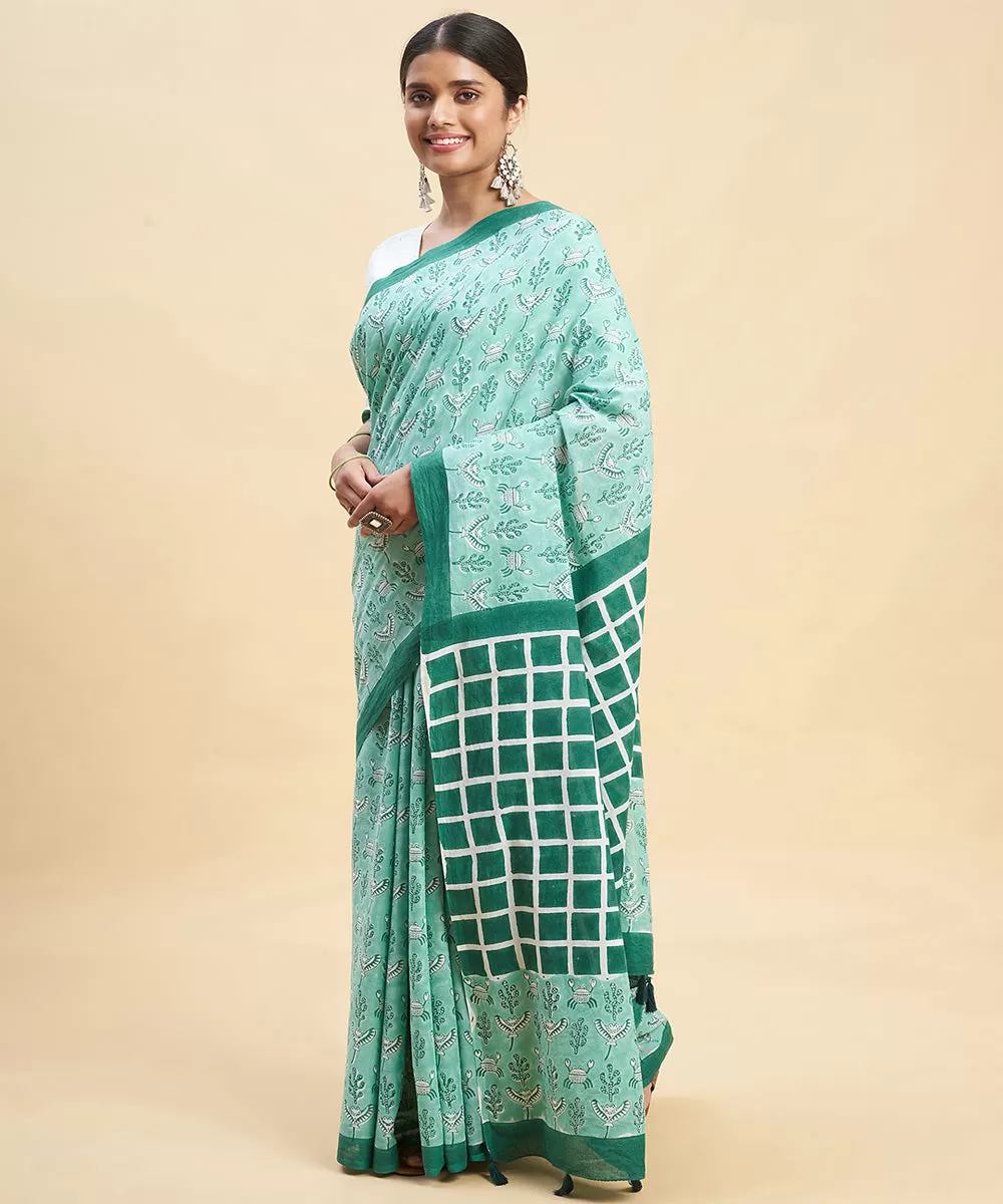 Cyan green dark green cotton hand block sanganeri printed saree