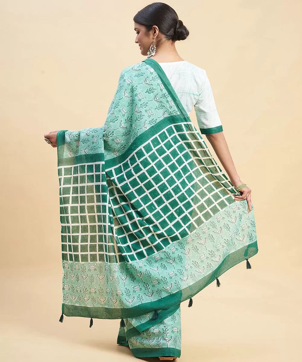 Cyan green dark green cotton hand block sanganeri printed saree